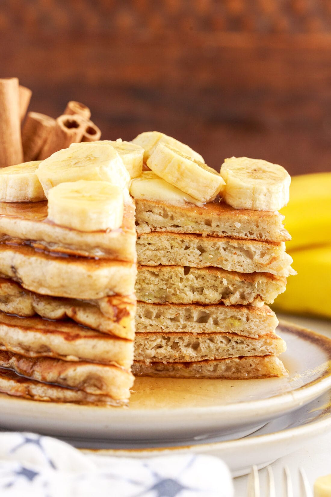 Stack of Banana Pancakes with a slice taken out