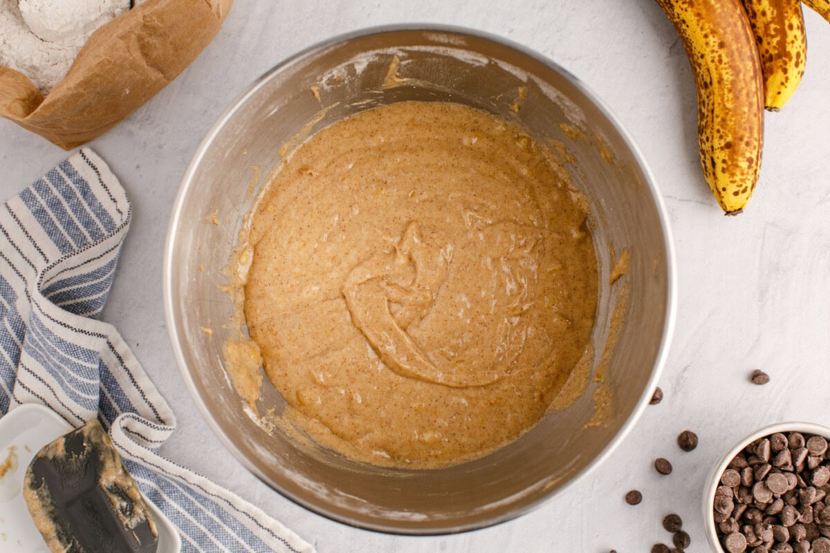 banana bread batter in a mixing bowl