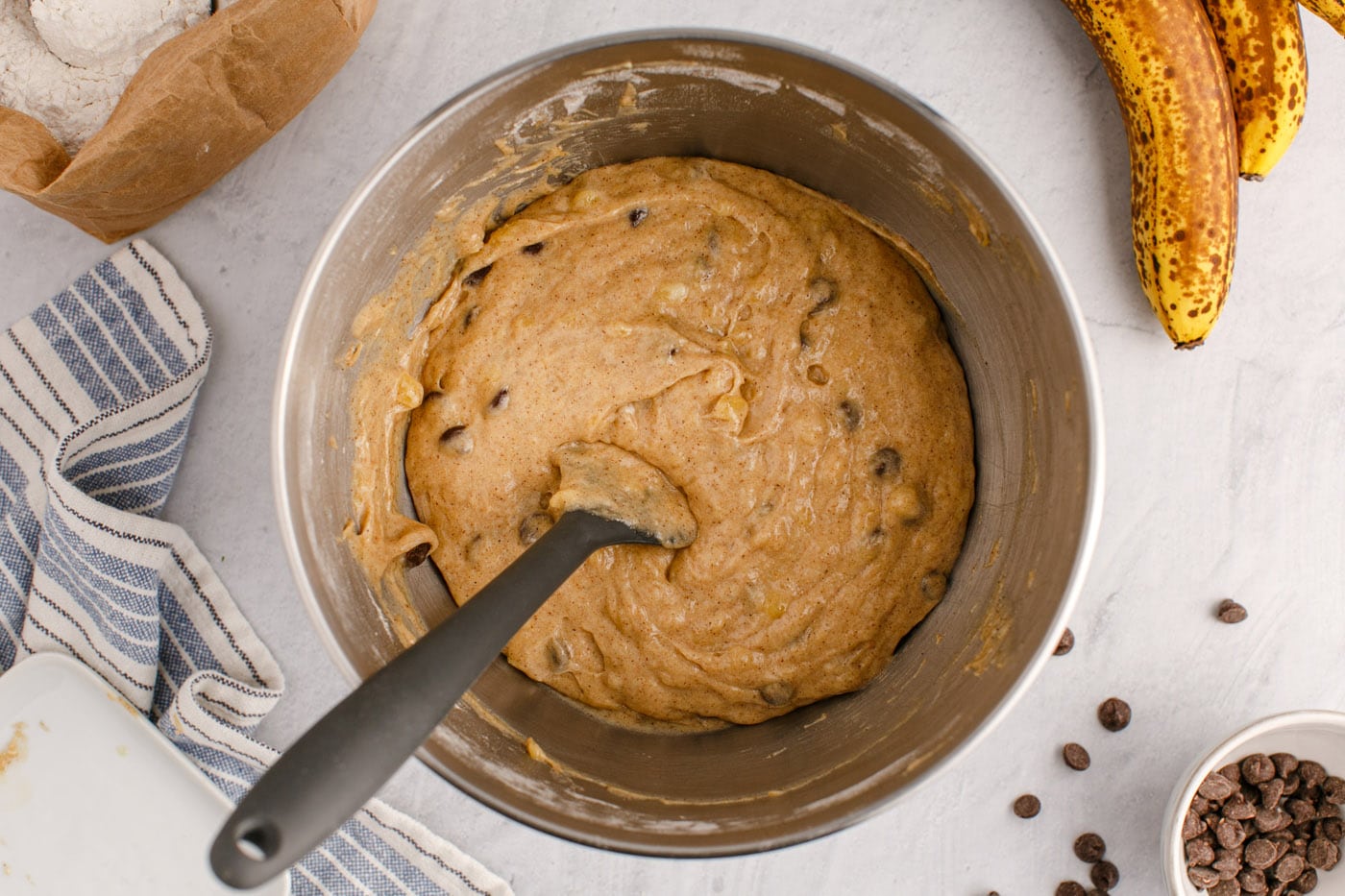 mixed banana bread batter with chocolate chips