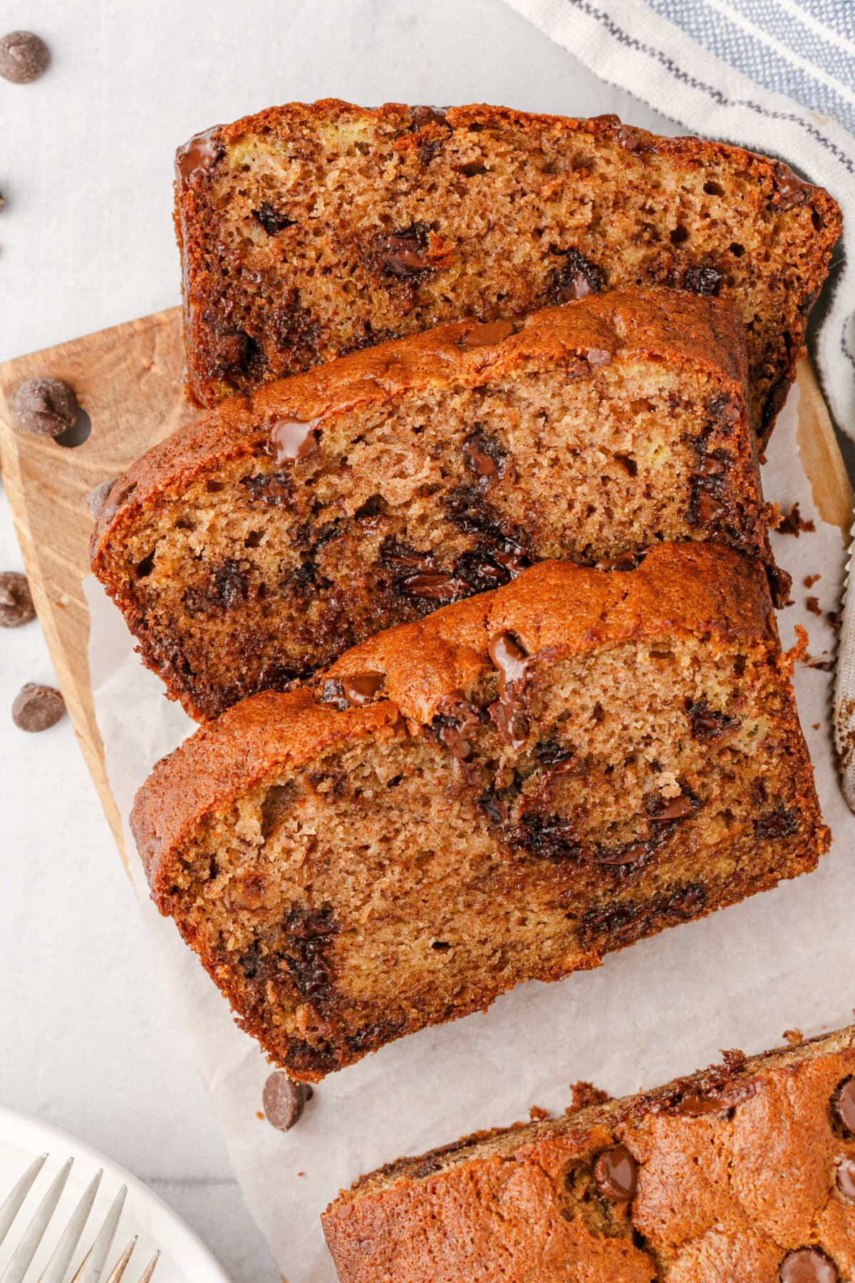 Three slices of Chocolate Chip Banana Bread