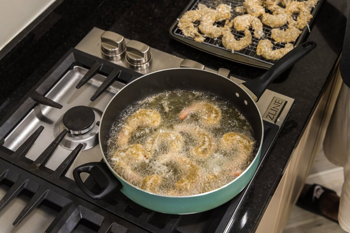 frying coconut shrimp in oil