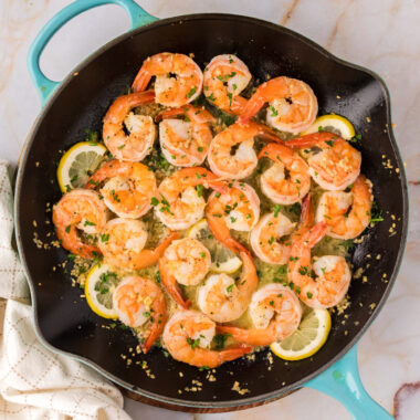 Overhead photo of Garlic Butter Shrimp in a skillet