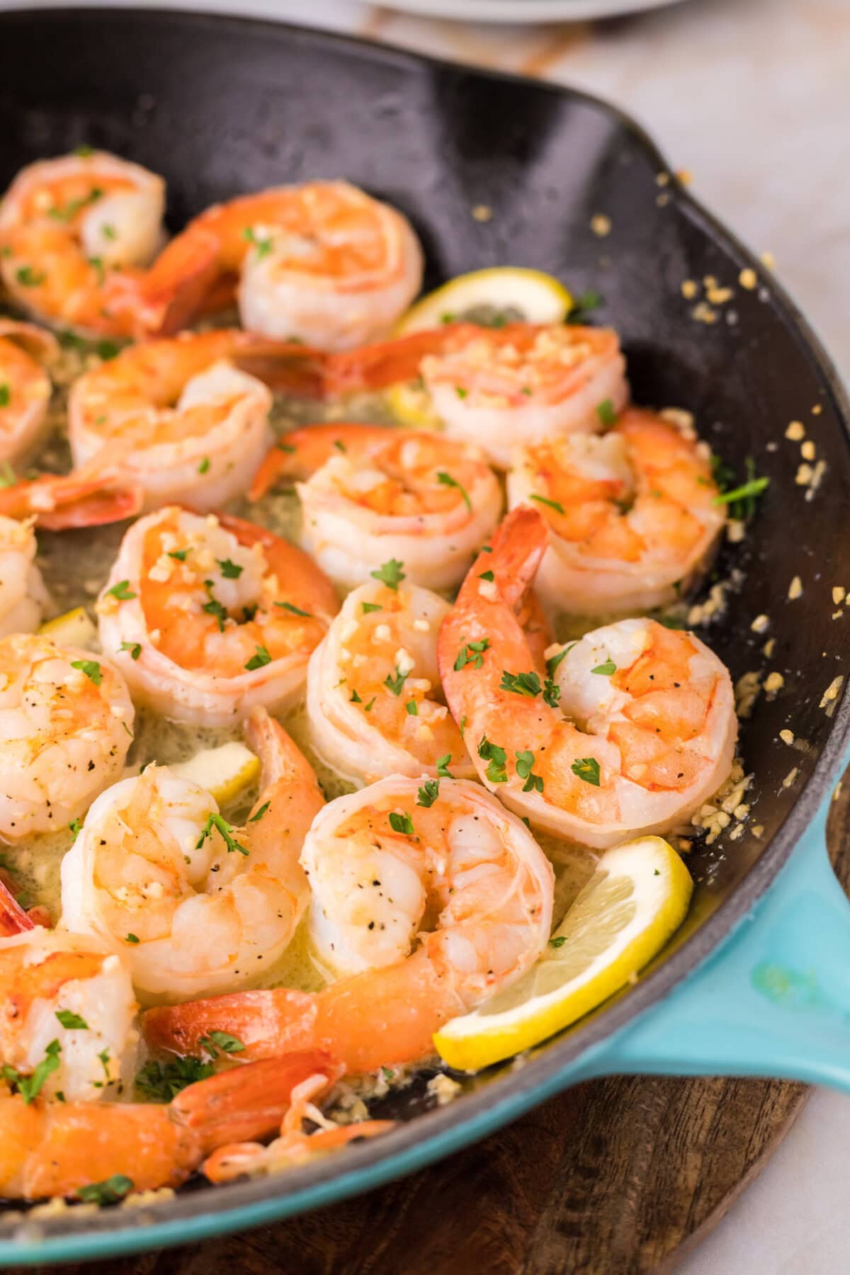 Close up of Garlic Butter Shrimp in a skillet