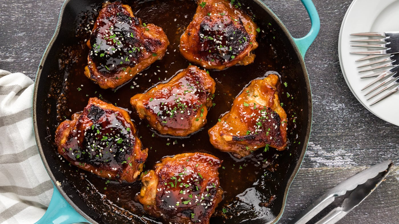 The sticky sweet and savory sauce elevates these juicy chicken thighs in a way you didn't realize it