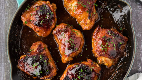 Overhead photo of Honey Garlic Chicken in a skillet