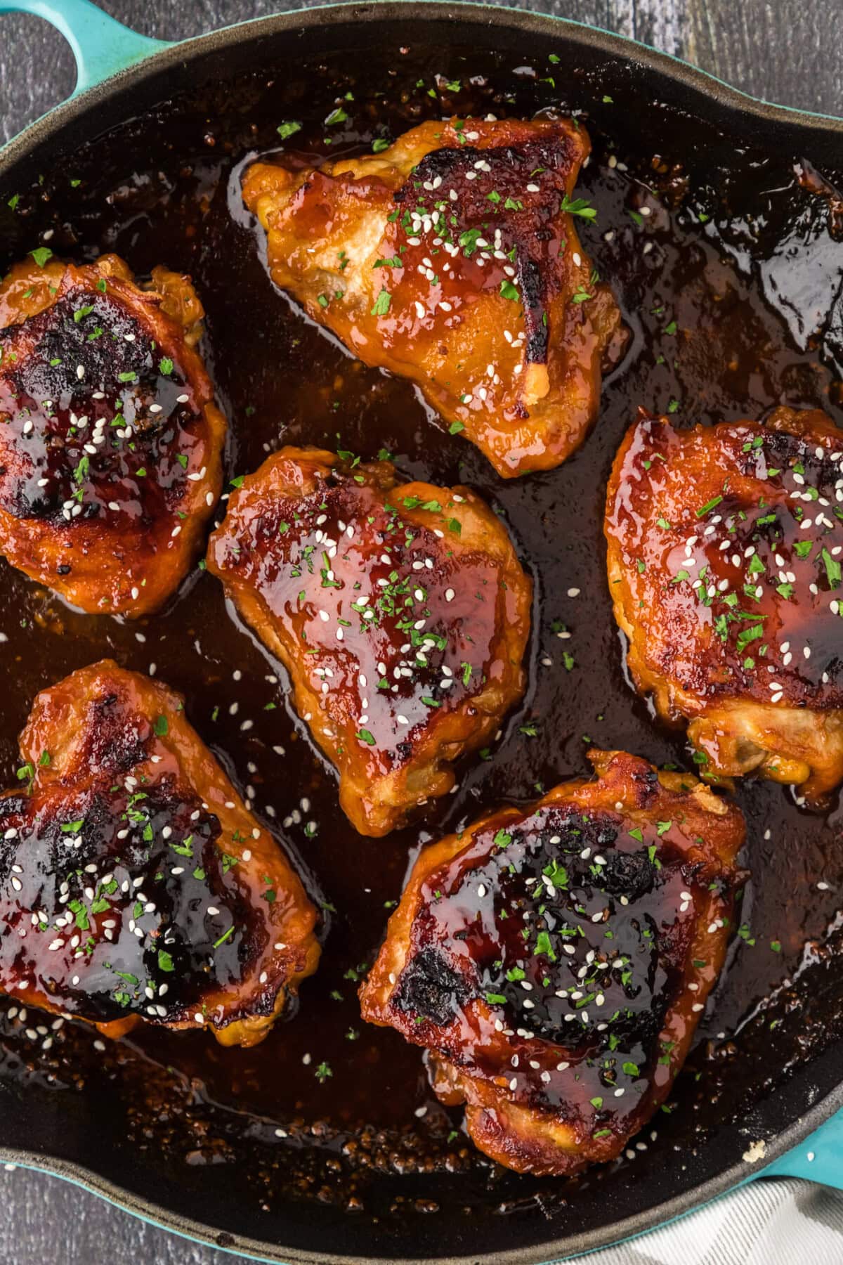 Close up of Honey Garlic Chicken in a skillet