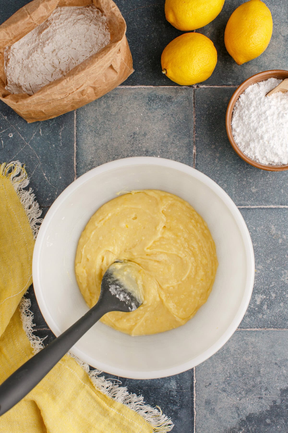 lemon brownie batter in a mixing bowl