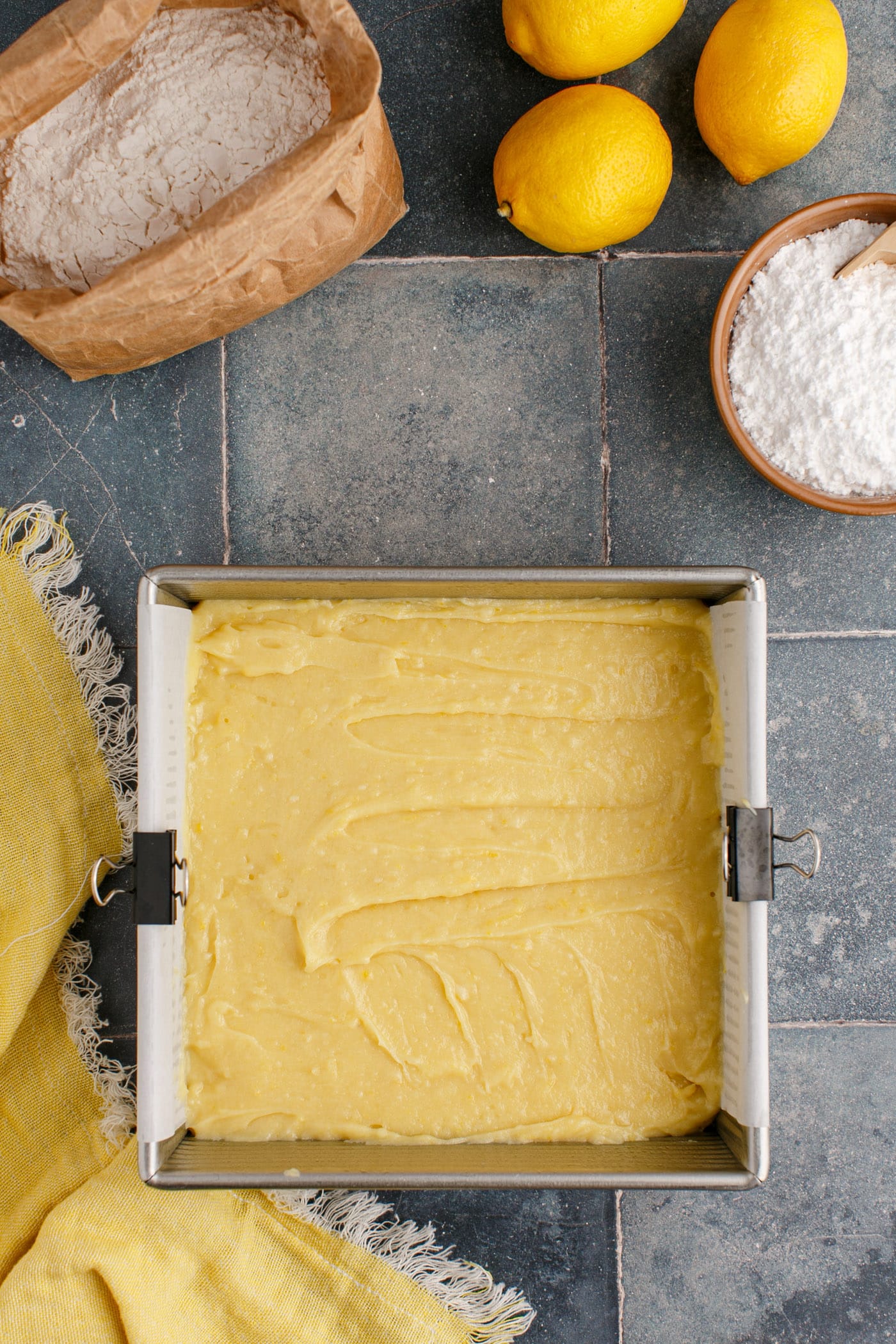 lemon brownie batter in a baking pan