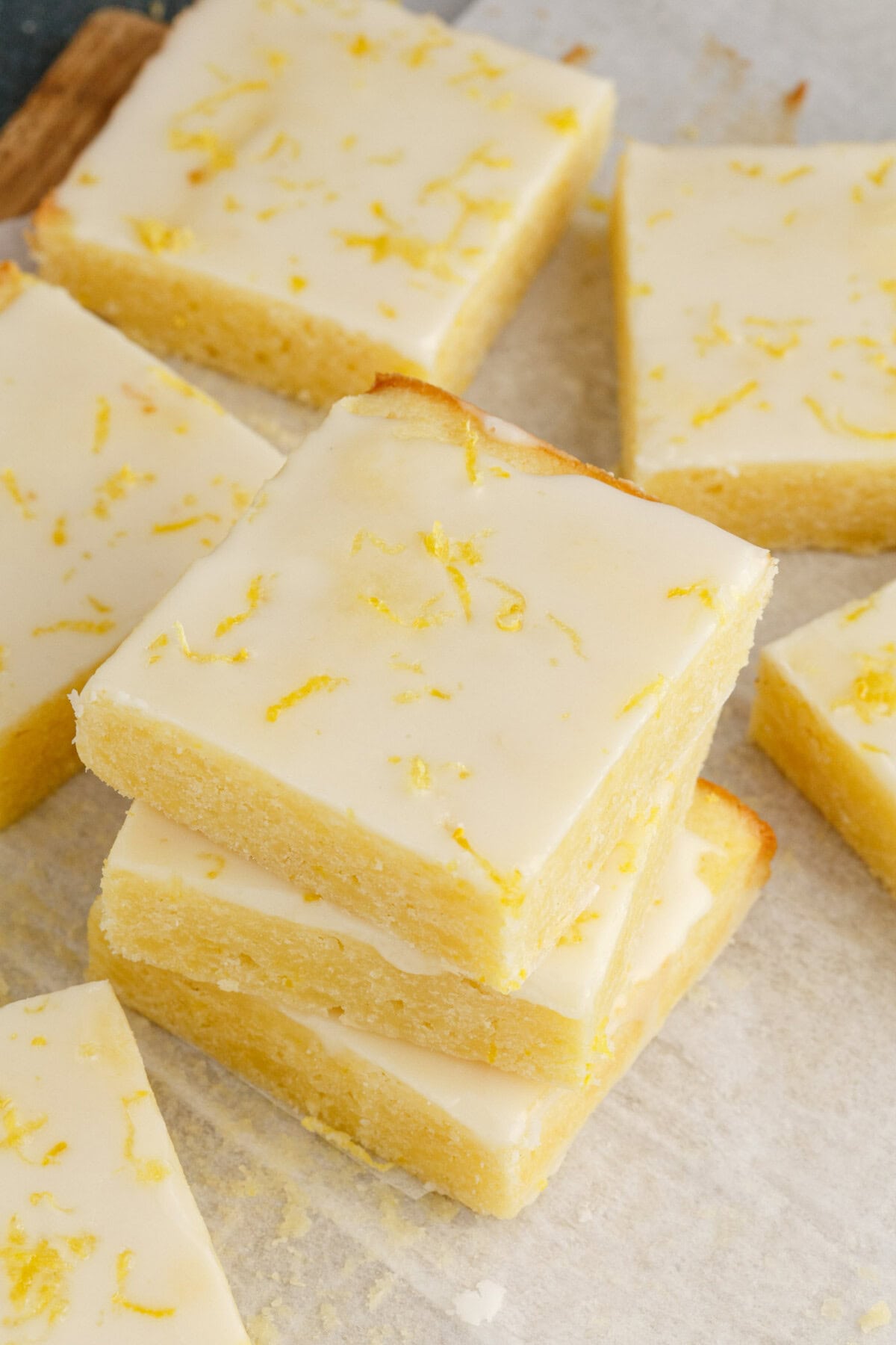 Stack of Lemon Brownies with Lemon Brownie squares next to it