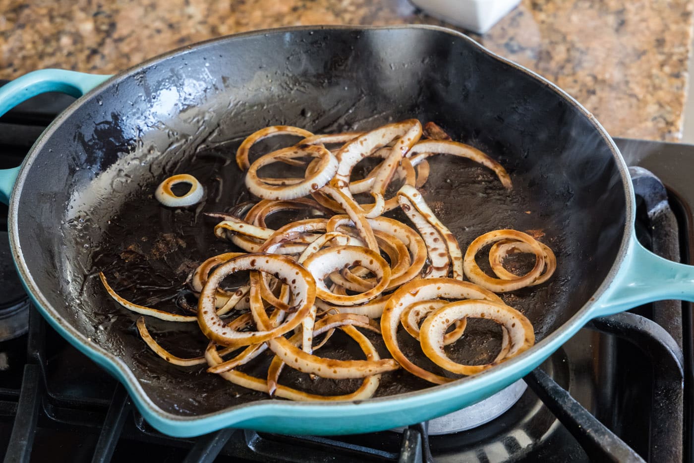 balsamic glazed onions in a skillet