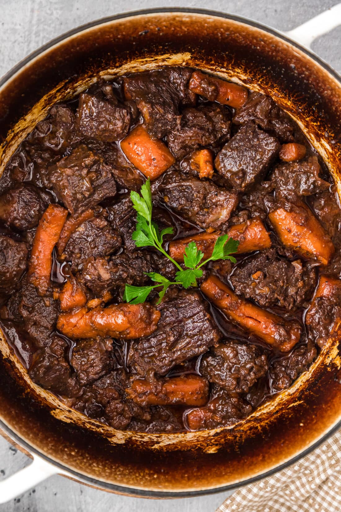 Close up of a pot of Braised Beef