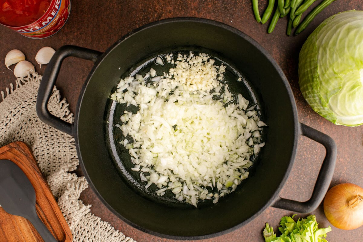 onion and garlic in a soup pot
