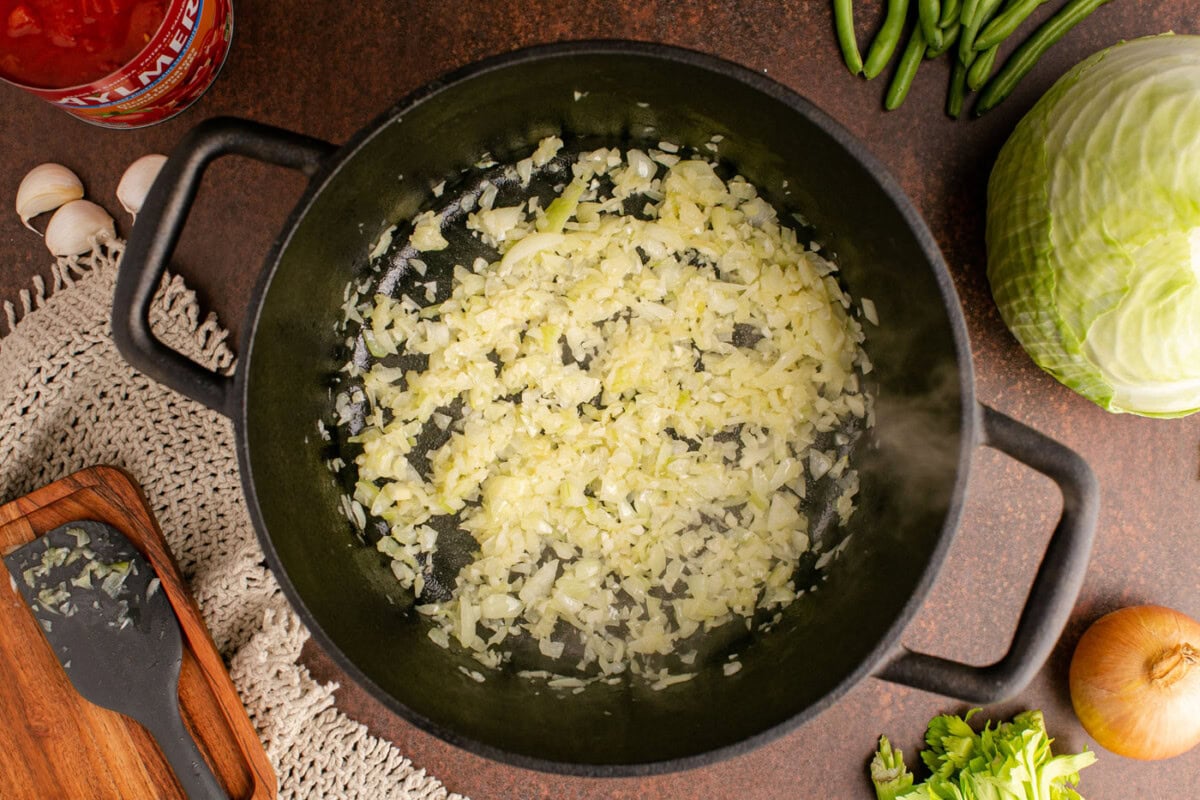 sauteed onion and garlic in soup pot
