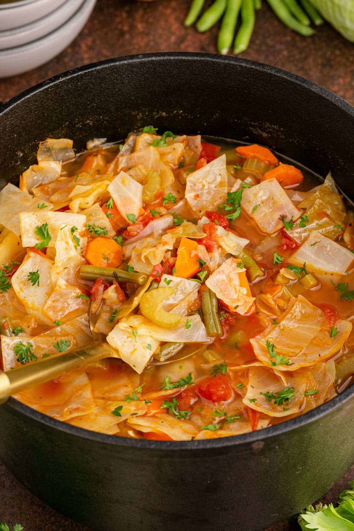 Spoon in a pot of Cabbage Soup