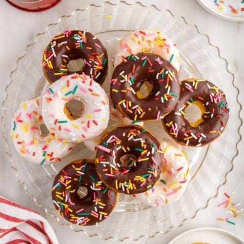 Cake Mix Donuts stacked on a glass plate
