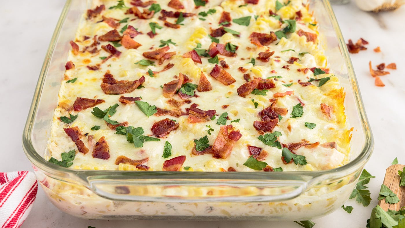 Creamy, cheesy chicken bacon ranch casserole will be your new favorite pasta bake! Loaded with noodl
