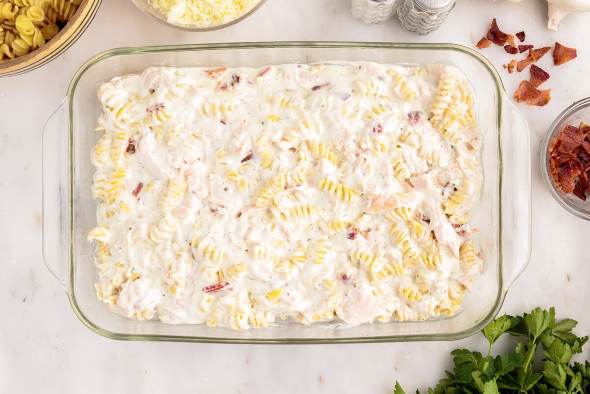 chicken bacon ranch casserole in a baking dish