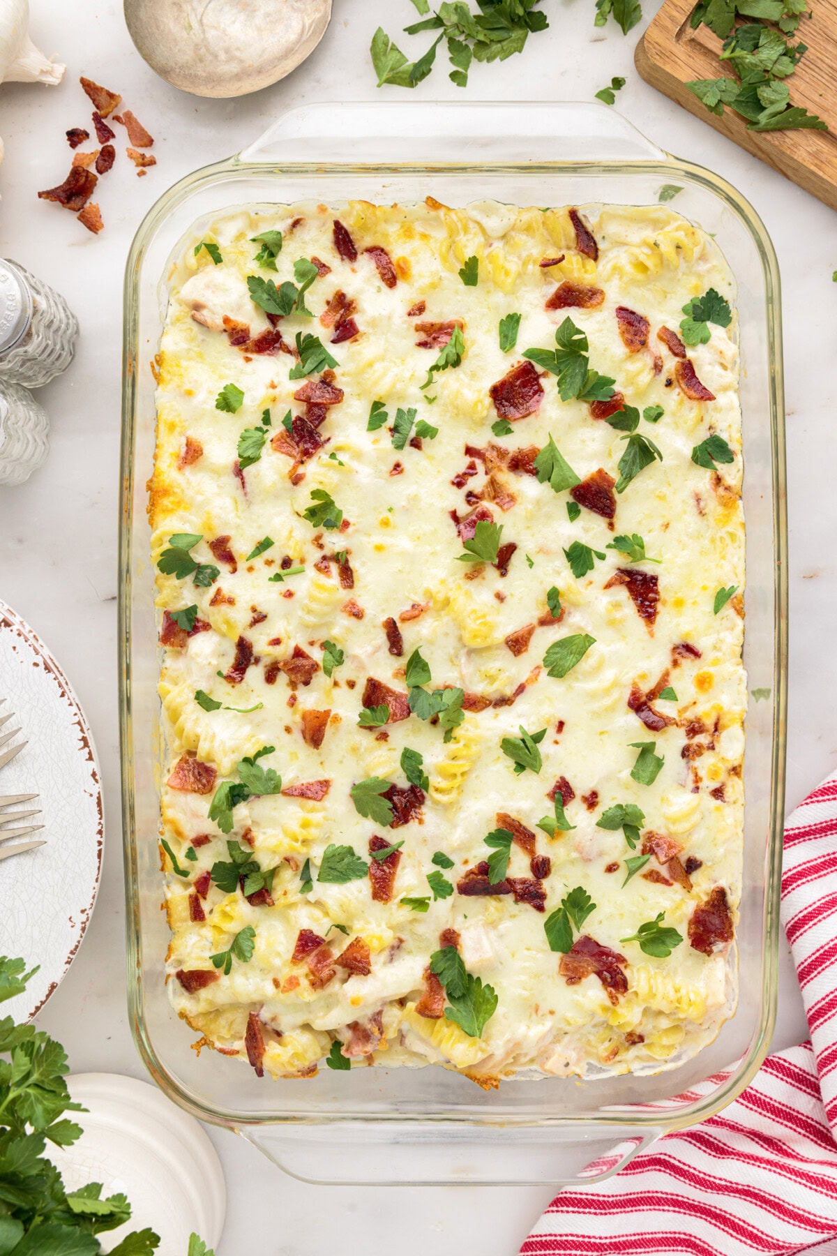 Overhead photo of a pan of Chicken Bacon Ranch Casserole