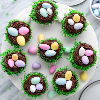 Overhead photo of Easter Nest Cupcakes on a cake stand