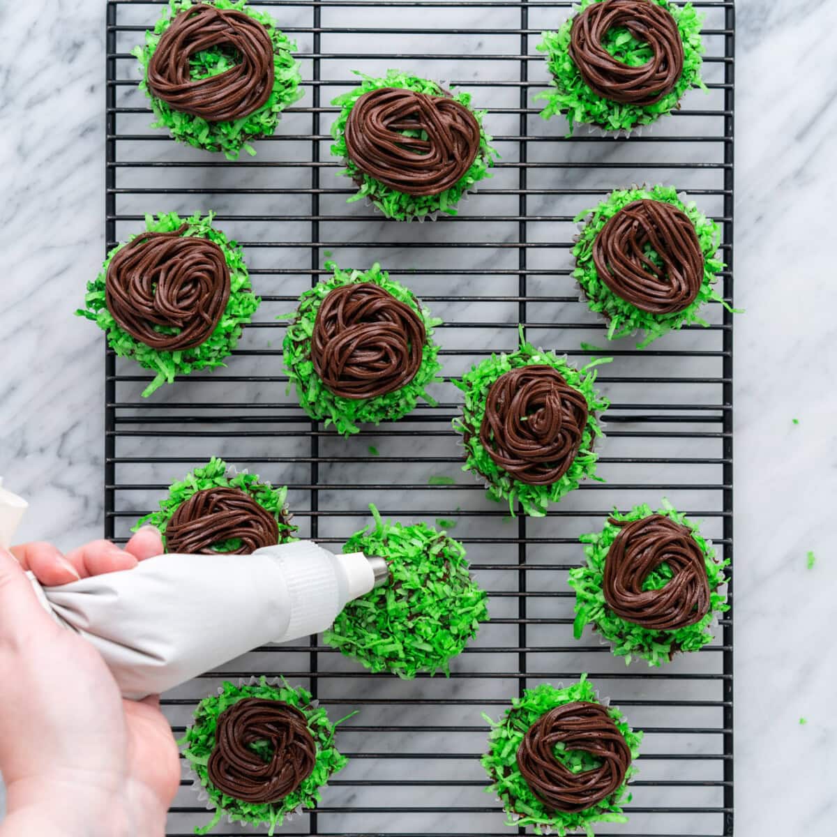 piping on chocolate frosting on top of coconut flake cupcakes