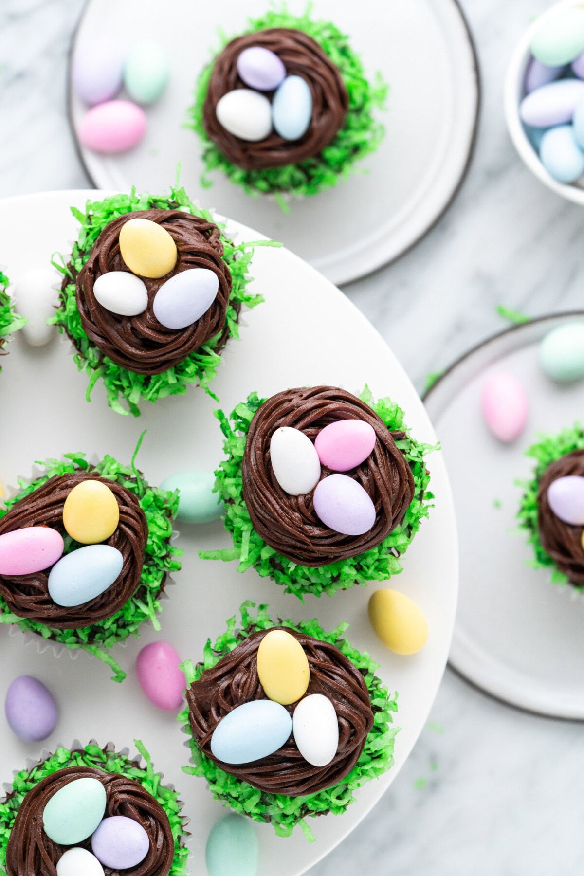 Easter Nest Cupcakes on a white cake stand