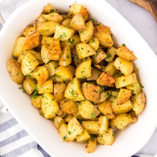 Garlic Roasted Potatoes in a serving dish