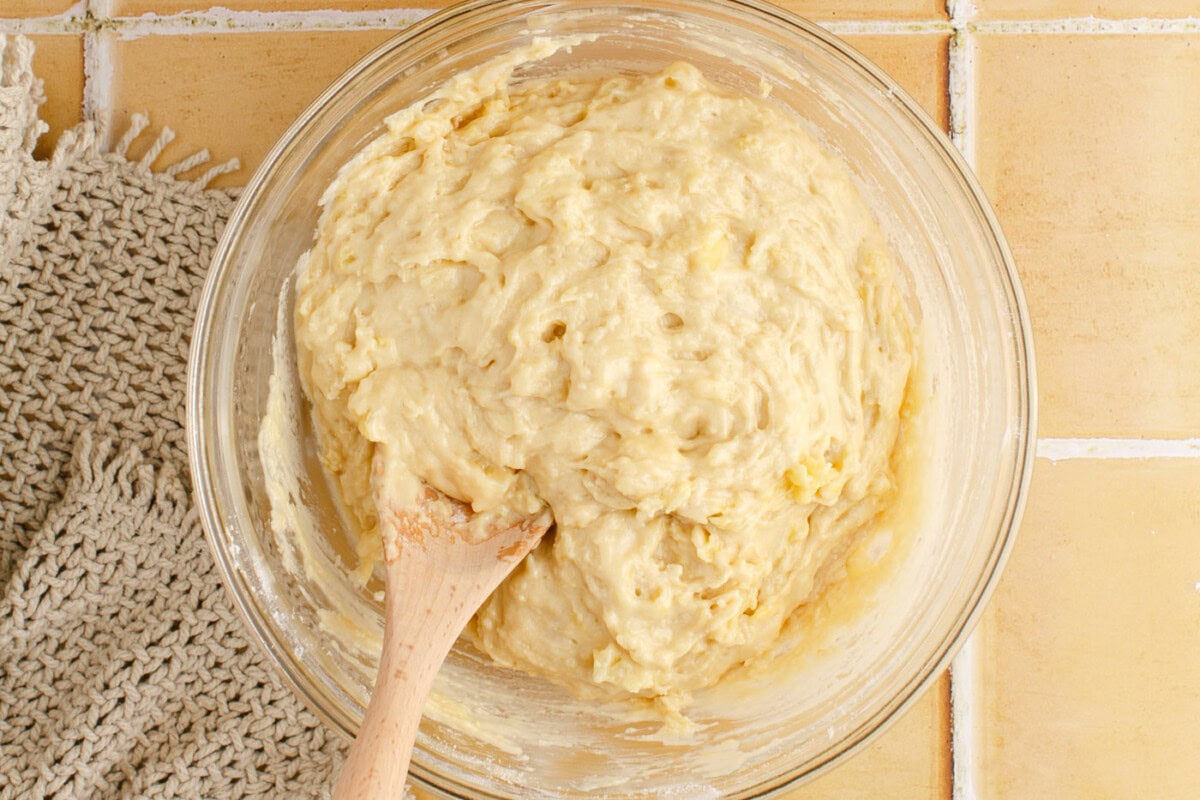 pineapple muffin batter in a mixing bowl