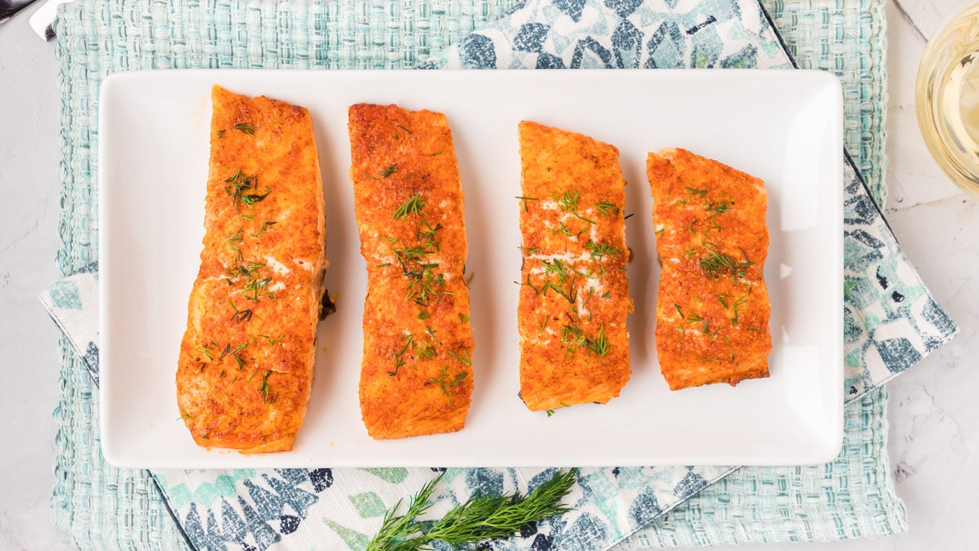 We're keeping it simple with the ingredients on this roasted salmon with only a dash of garlic salt,
