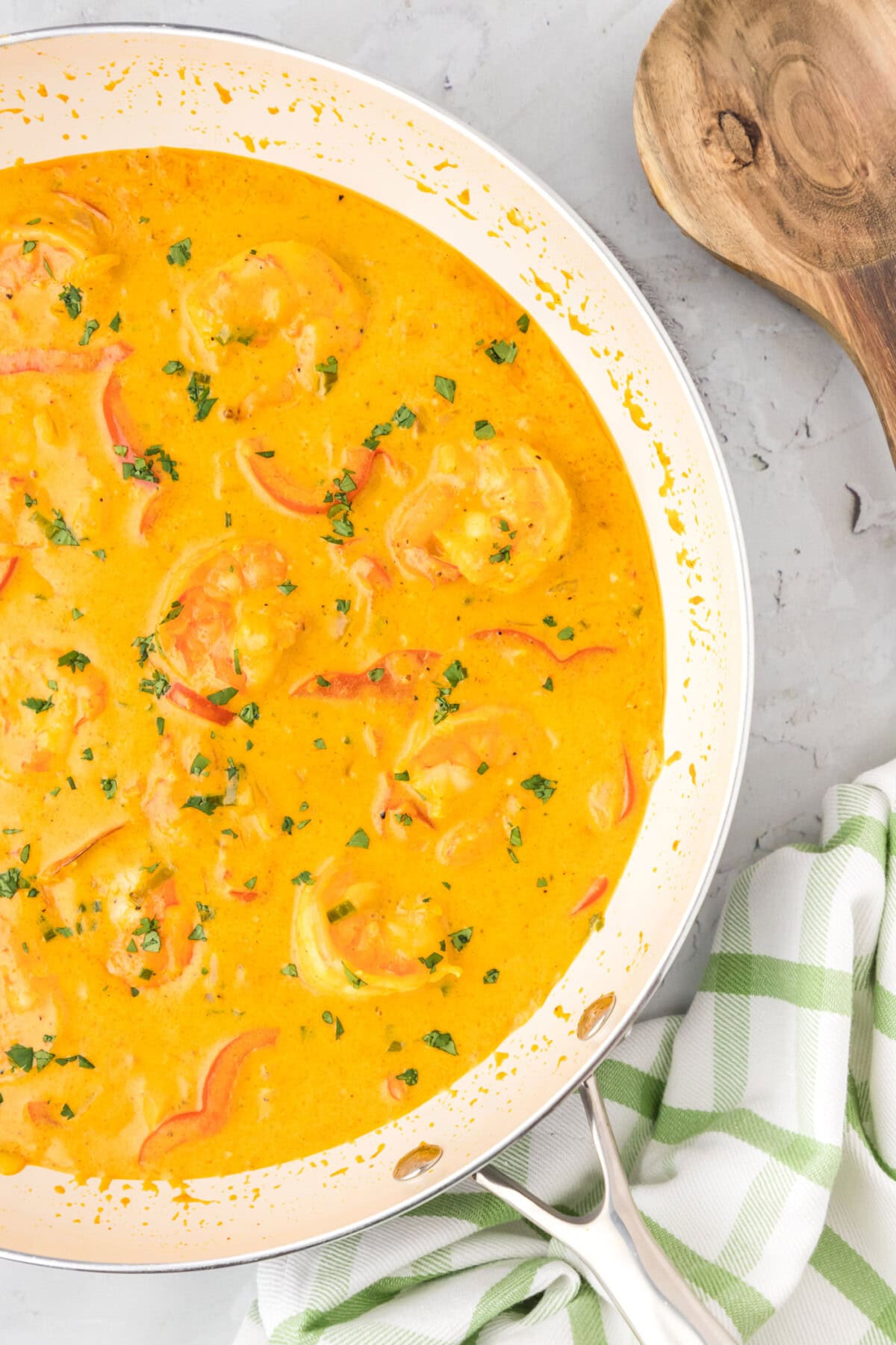 Close up photo of Shrimp Curry in a skillet