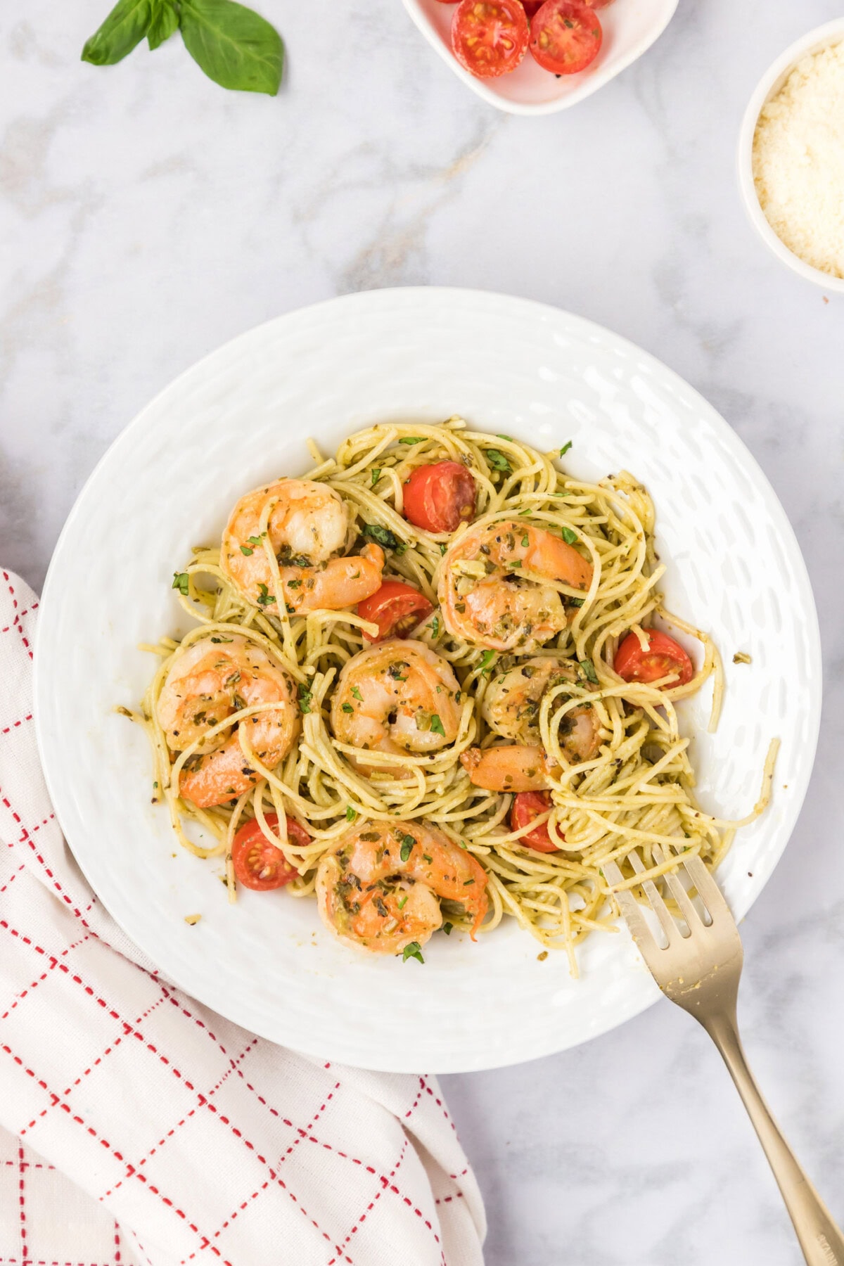 Plate of Shrimp Pesto Pasta