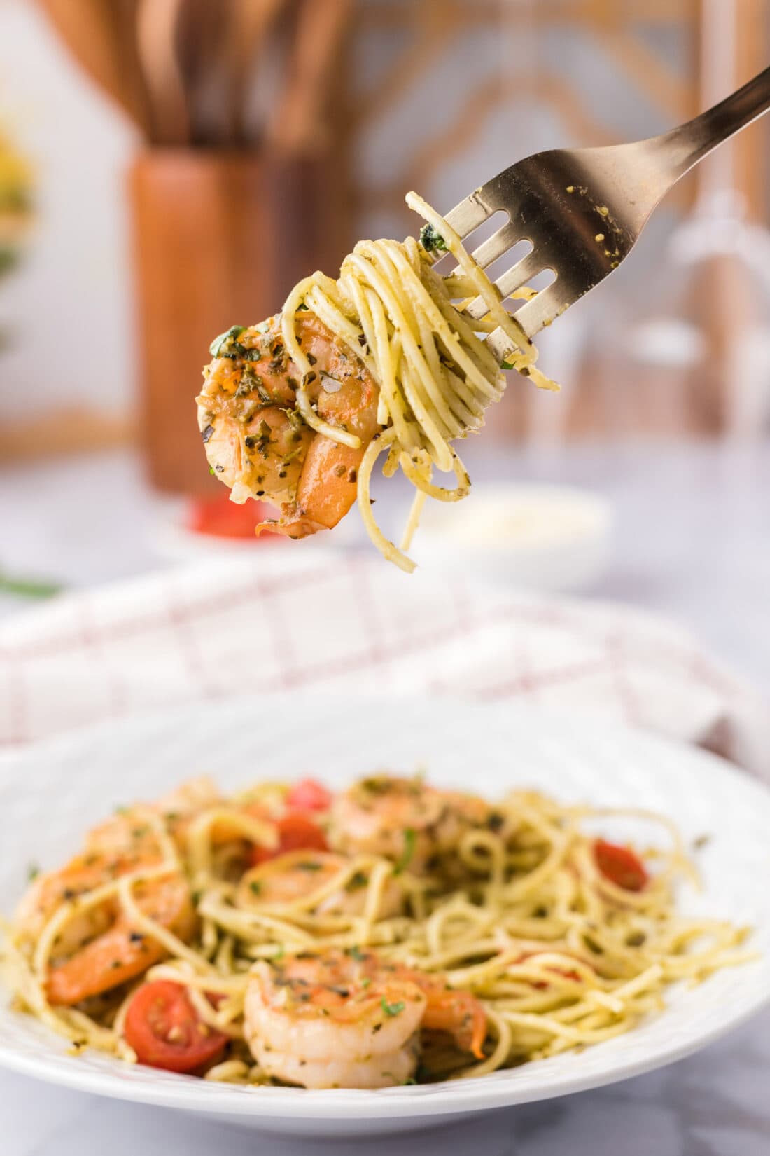 Shrimp Pesto Pasta on a fork
