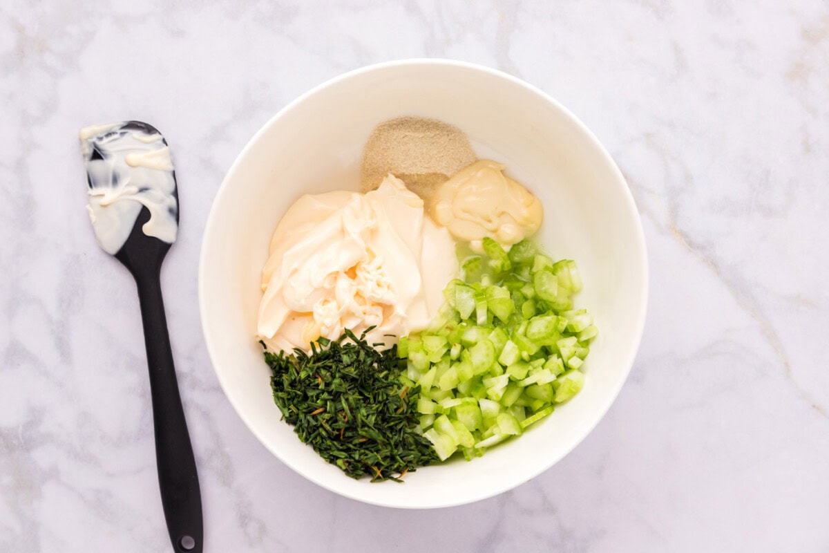 shrimp roll ingredients in a mixing bowl
