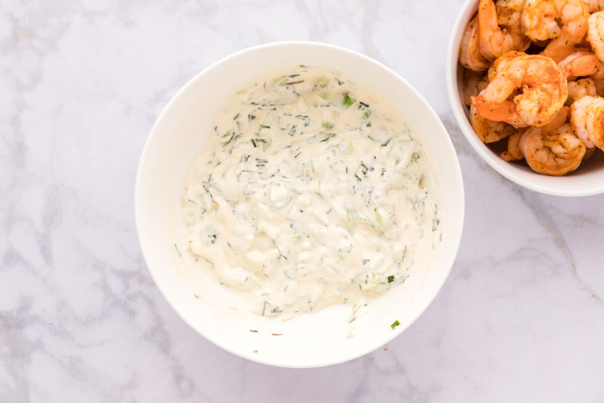 shrimp roll creamy dressing in a bowl