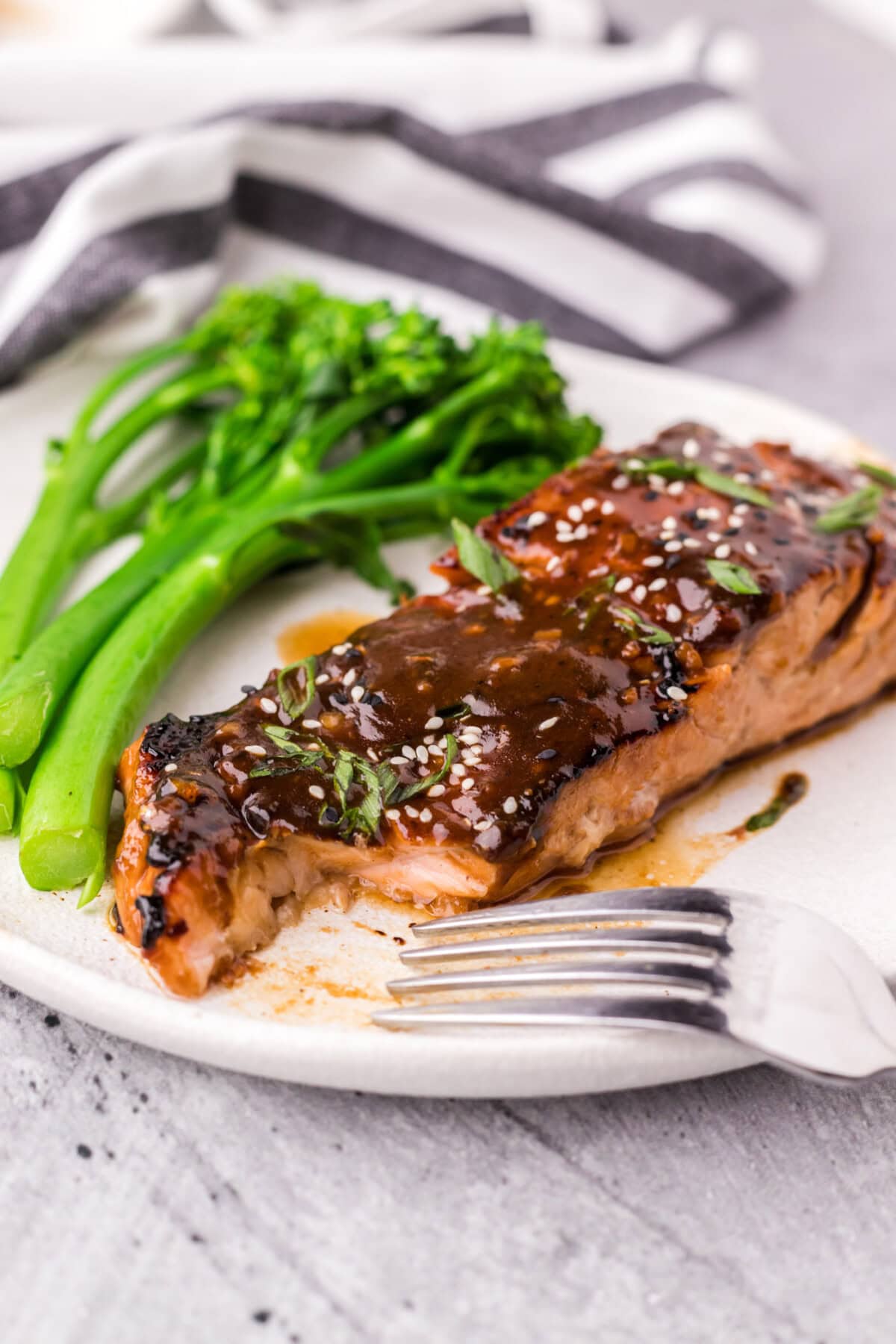 Teriyaki Salmon on a plate with a piece taken out