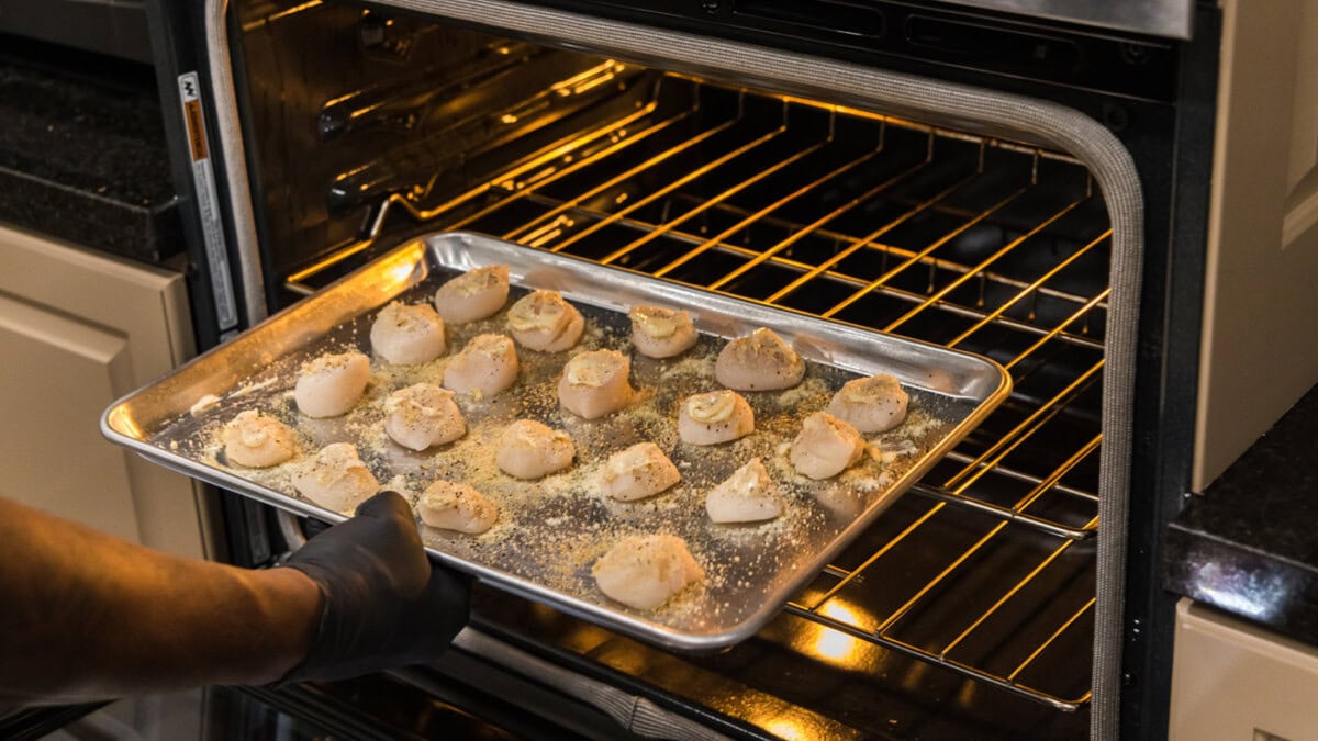 placing scallops into oven to bake