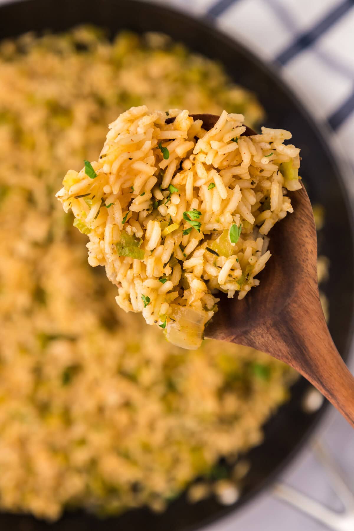 Close up photo of a spoonful of Cajun Rice