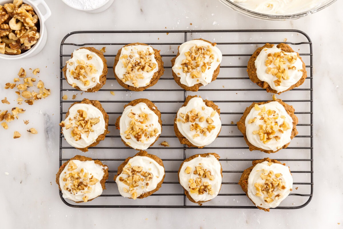 carrot cake mix cookies with cream cheese frosting and walnuts