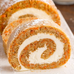 Close up photo of a Carrot Cake Roll slice