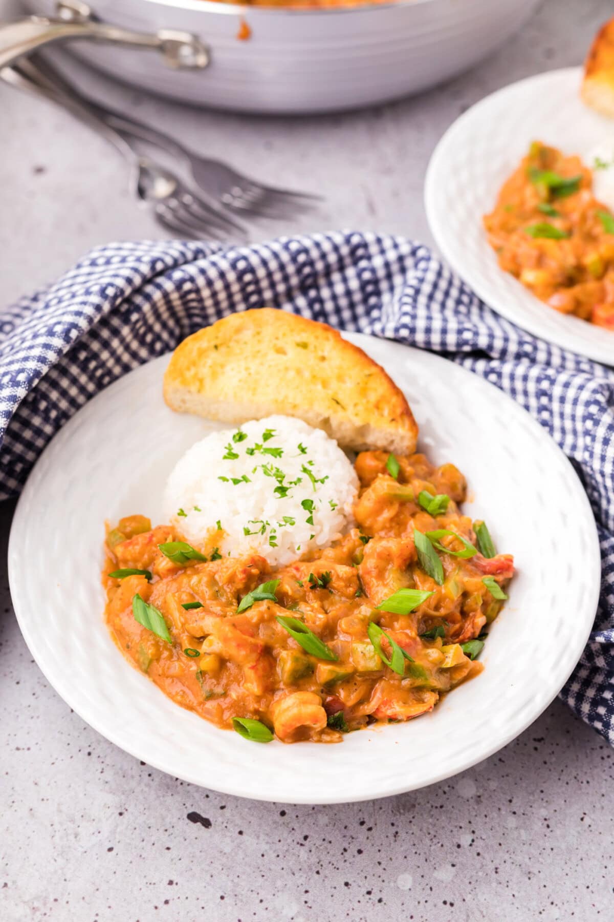 Bowl of Crawfish Etoufee served with rice and a piece of bread
