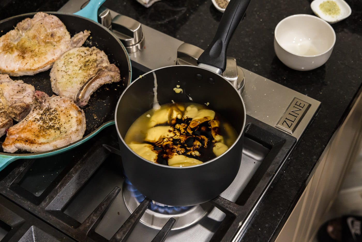 brown gravy ingredients in a saucepan for pork chops