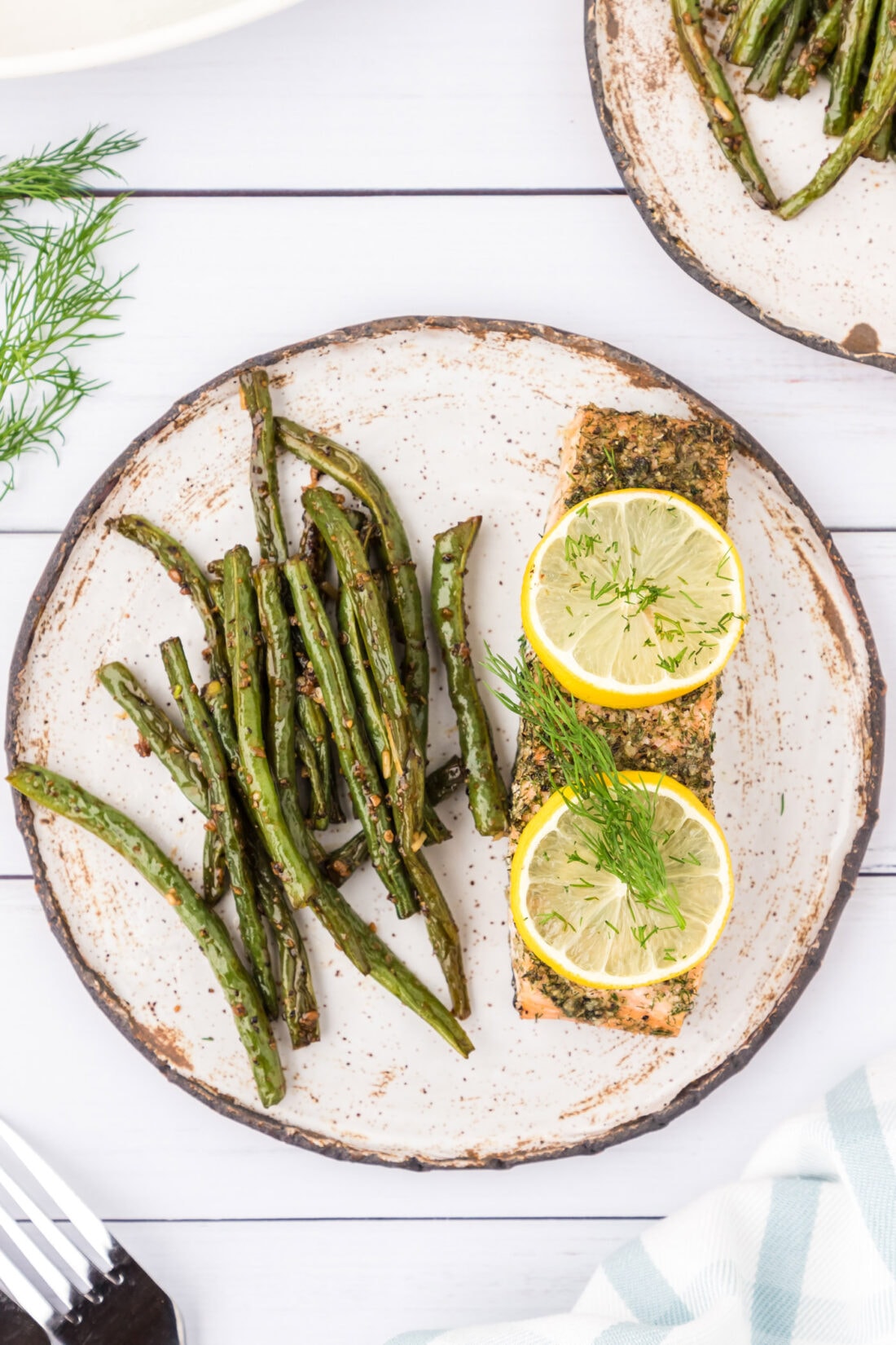 Dill Salmon on a plate with green beans