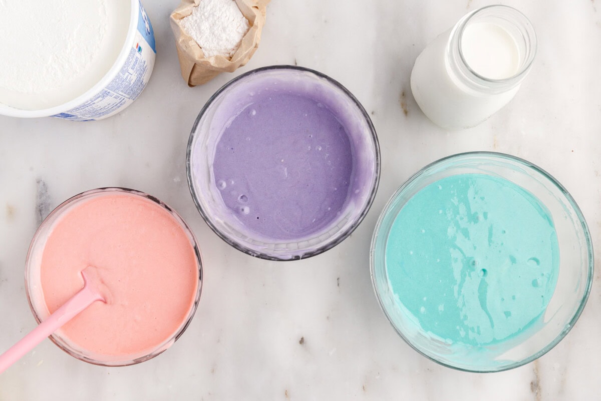 pastel pink, purple, and blue cake batter