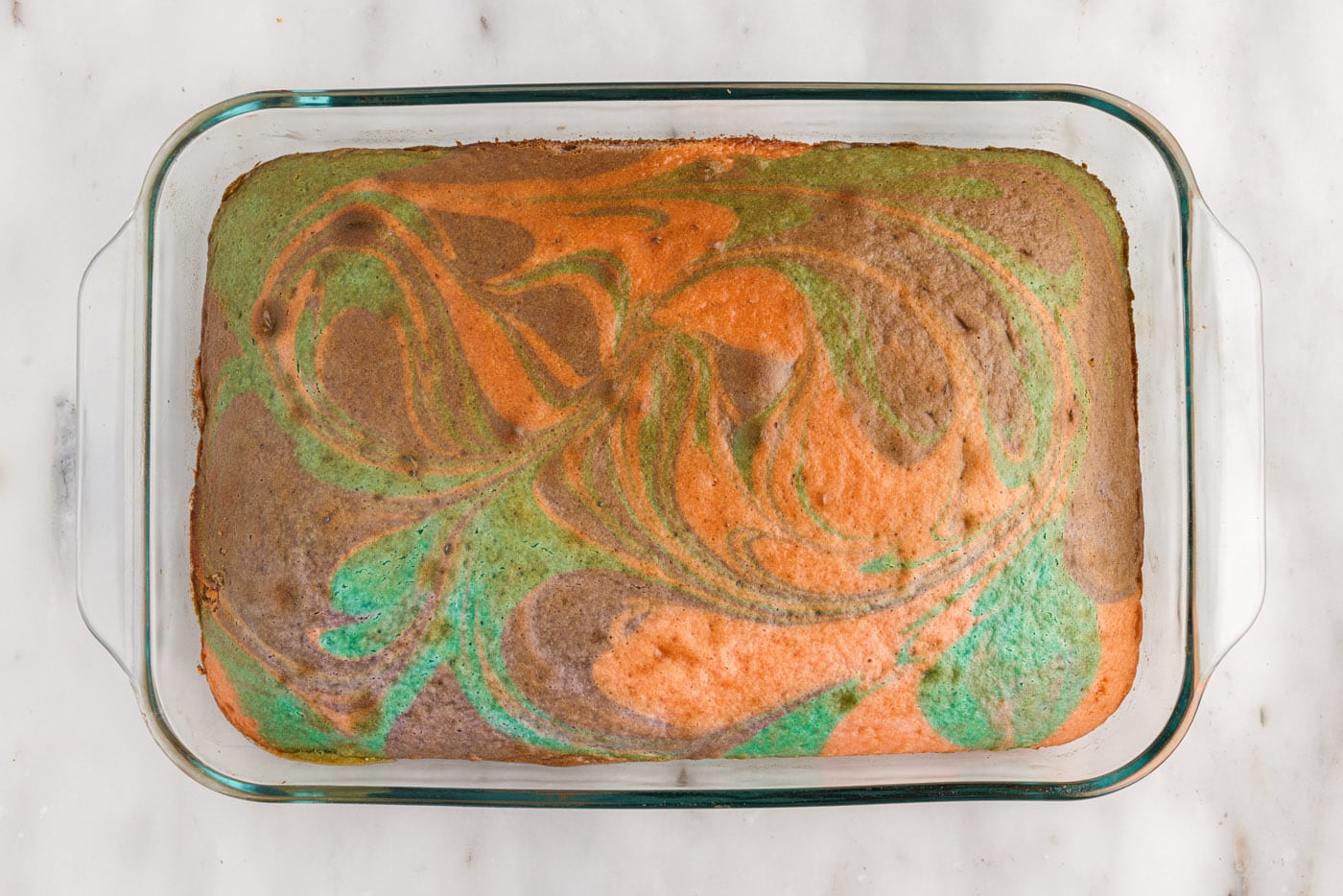 baked easter cake with swirls of color