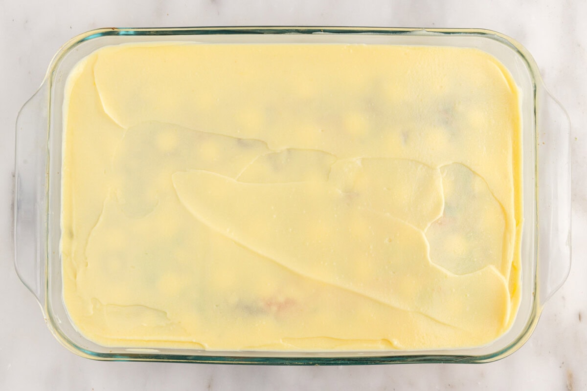 vanilla pudding poke cake overhead