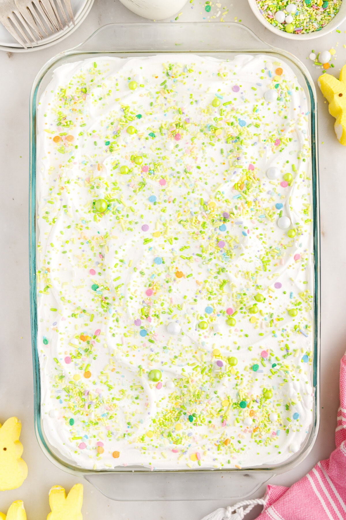Easter Poke Cake in a 13x9 baking dish