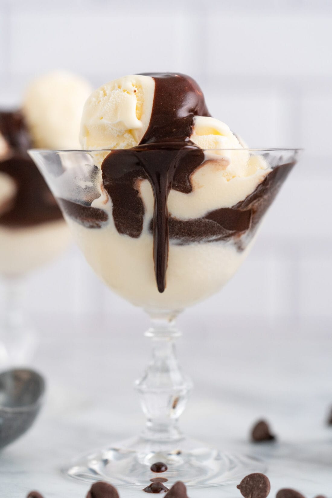 Ice cream in a sundae glass with Hot Fudge on top