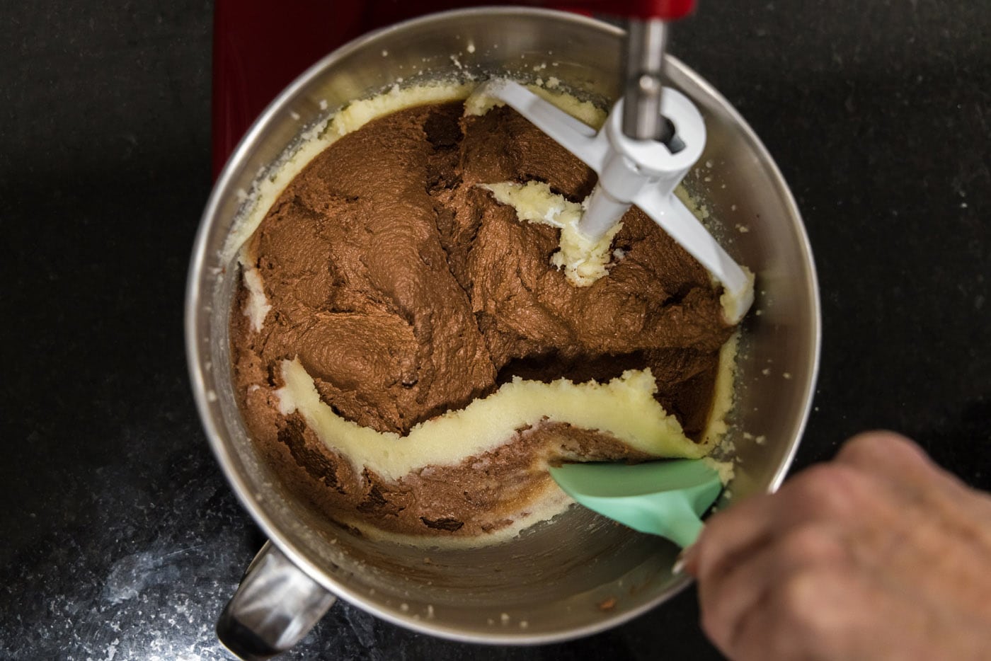 mixing chocolate filling in a stand mixer