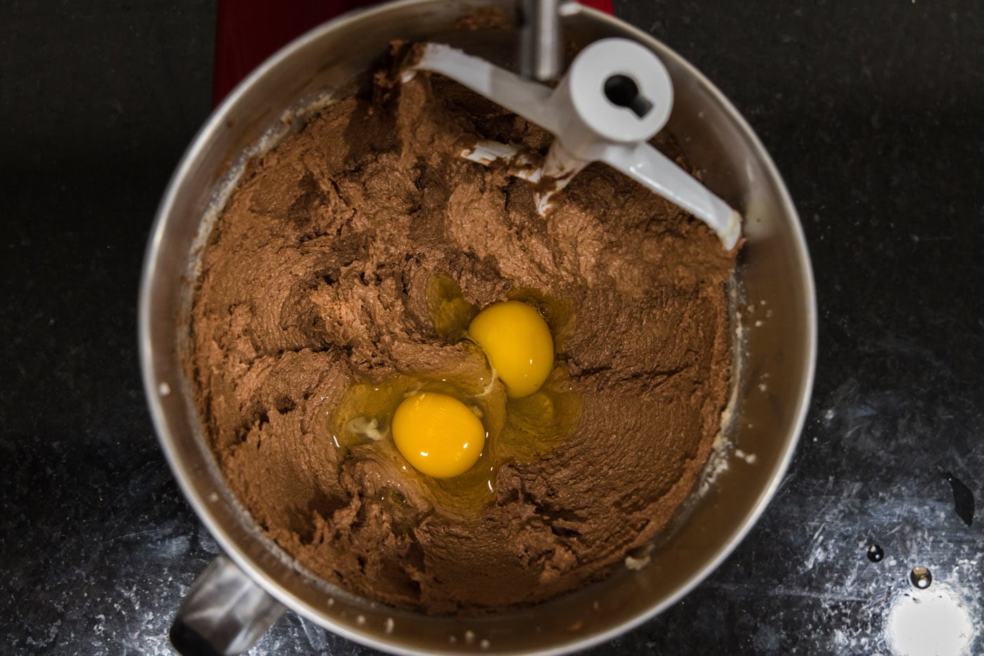 eggs added to mixer bowl of french silk filling