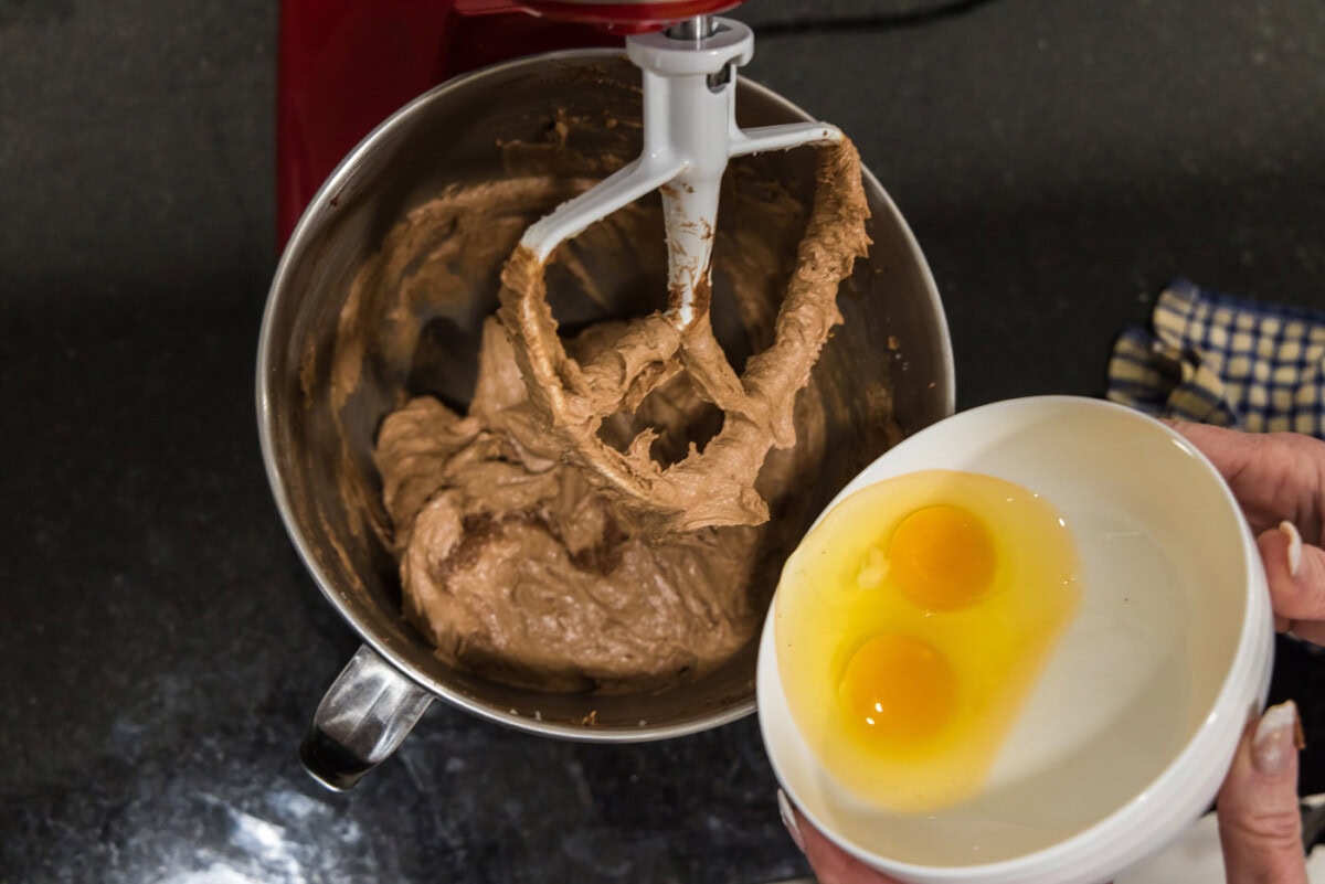 adding eggs to french silk pie filling