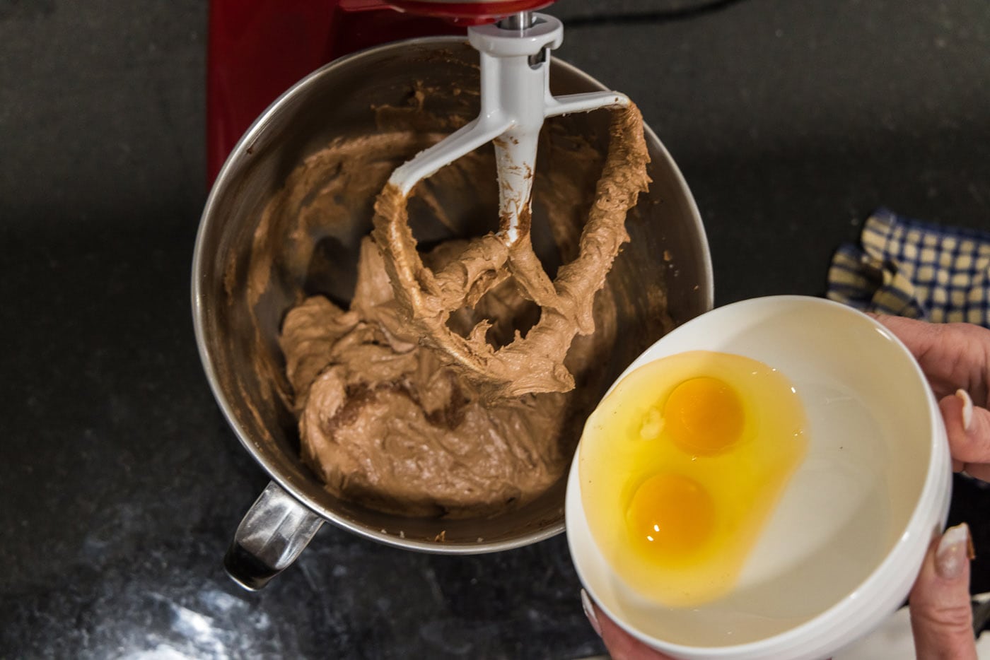 adding eggs to french silk pie filling
